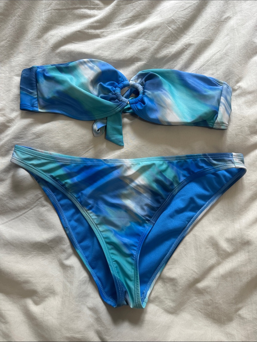 Jessica Simpson Blue Teal Wave Print Bandeau Bikini
